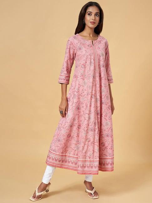 rangmanch by pantaloons pink cotton floral print a line kurta