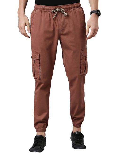 cinocci brown cotton slim fit jogger pants