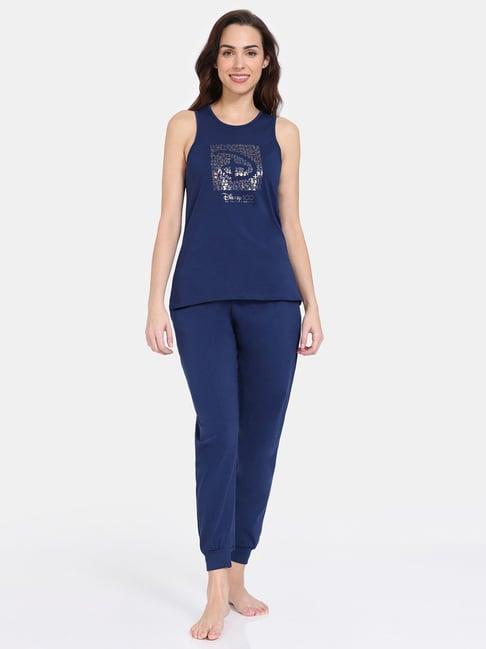 zivame navy cotton printed top with pyjamas