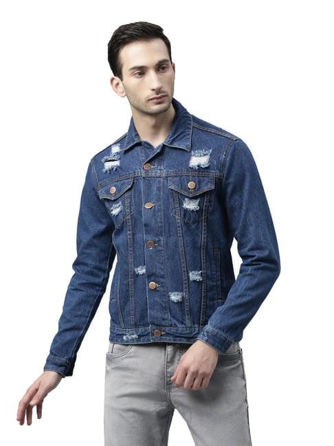 cinocci blue cotton slim fit distressed denim jacket