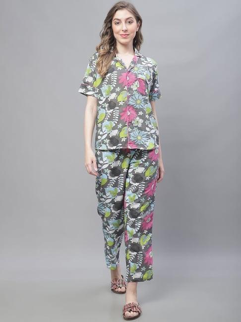 tag 7 grey & sky blue cotton floral print shirt pyjama set