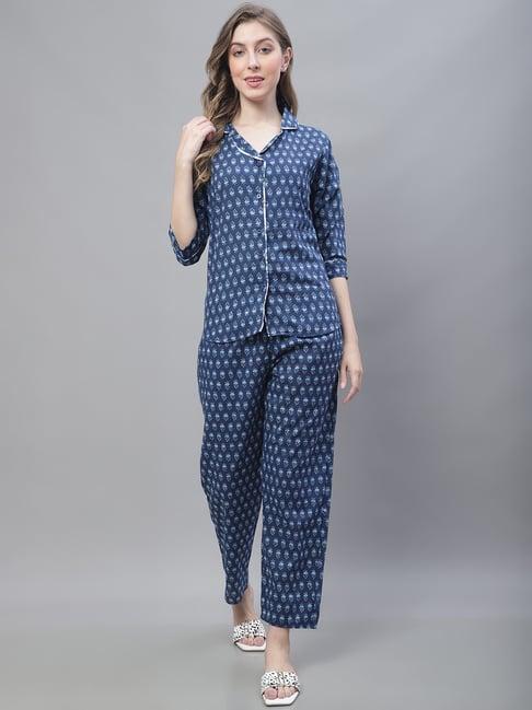 tag 7 blue cotton printed shirt pyjama set