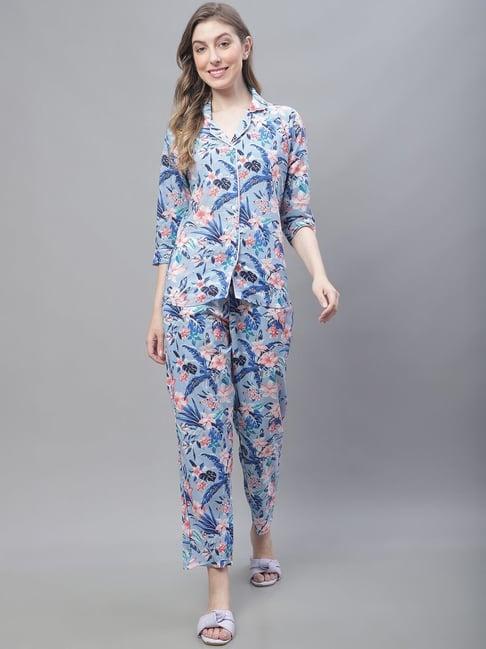 tag 7 blue cotton floral print shirt pyjama set