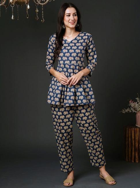 indo era blue cotton printed tunic pant set