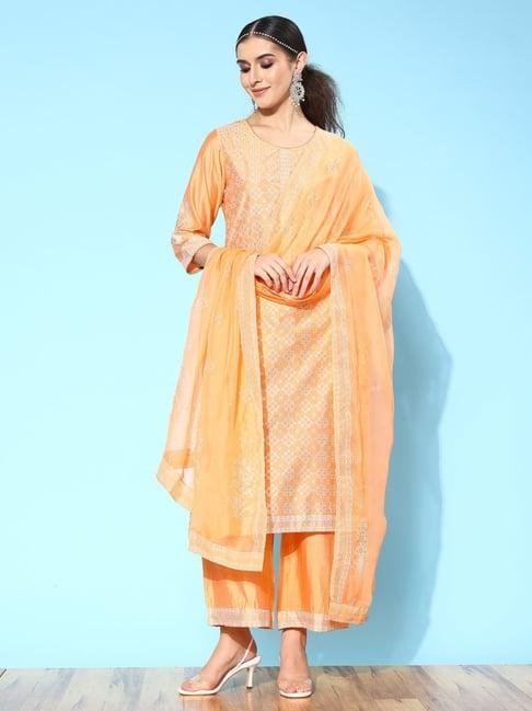 indo era orange printed kurta palazzo set with dupatta