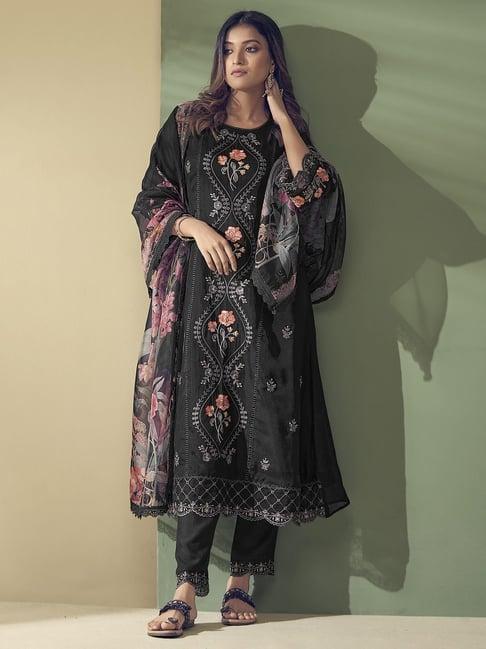 indo era black embroidered kurta pant set with dupatta