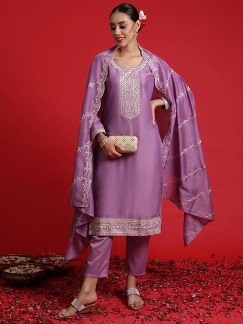 indo era purple embroidered kurta pant set with dupatta