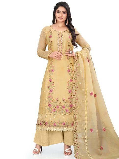 stylee lifestyle yellow embroidered unstitched dress material