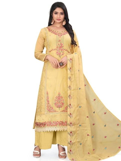 stylee lifestyle yellow embroidered unstitched dress material