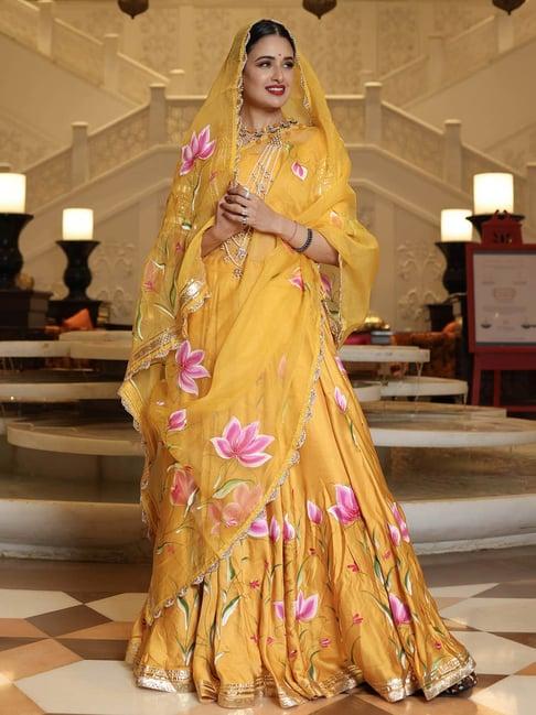 aachho yellow slice hand painted lehenga set