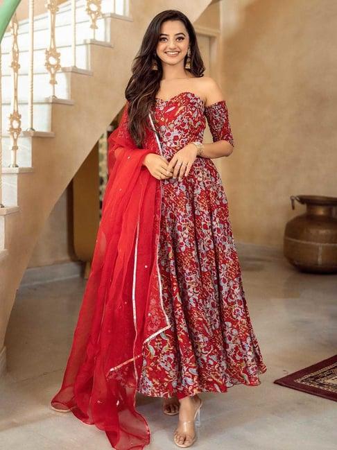 aachho red gulaabo chanderi suit set