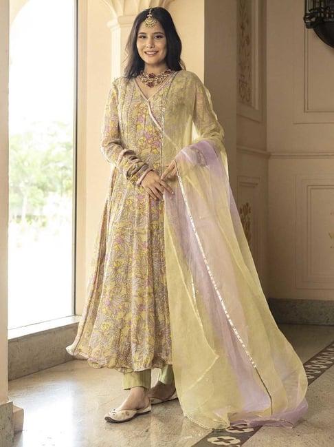 aachho yellow sayantani chanderi angrakha suit set