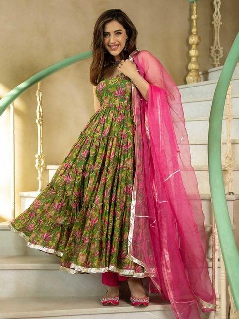 aachho green sadabahaar chanderi suit set