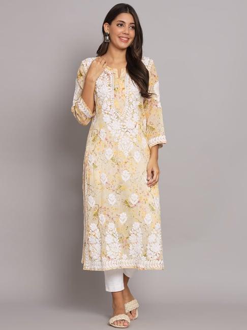 paramount chikan beige cotton lucknowi chikankari straight kurta