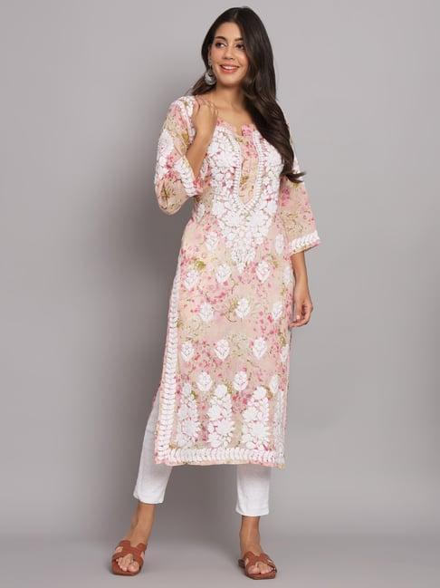 paramount chikan pink cotton lucknowi chikankari straight kurta