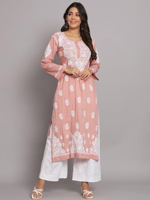 paramount chikan peach & white lucknowi chikankari straight kurta