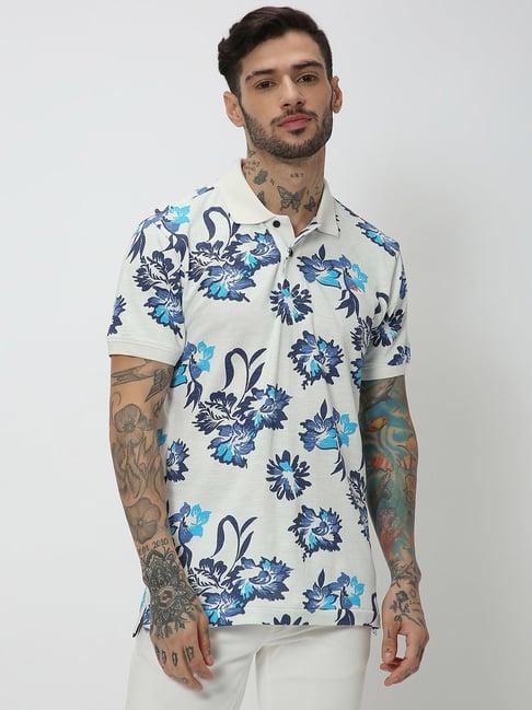 mufti white slim fit floral print cotton polo t-shirt