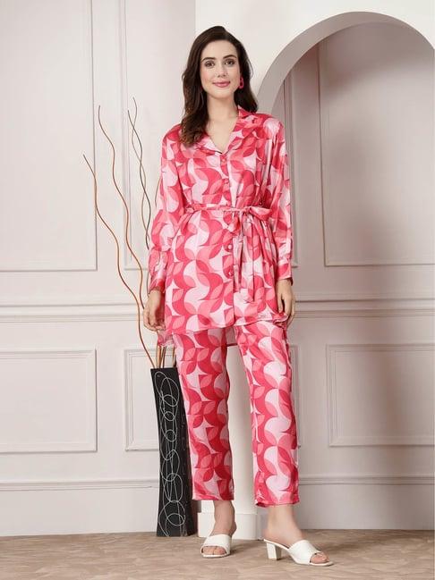 stylum pink satin printed shirt & pant set