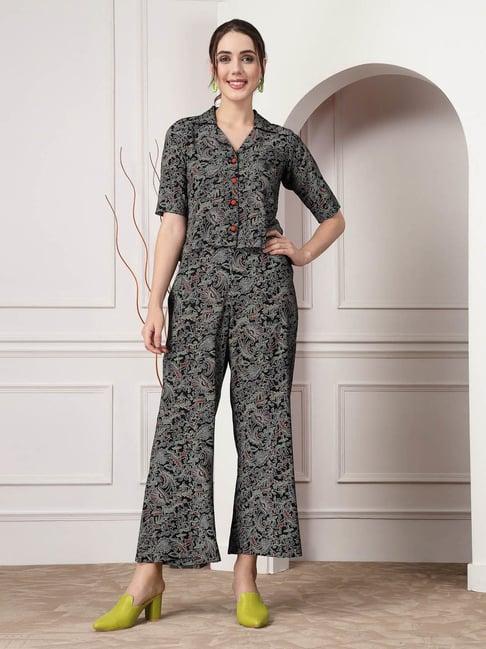 stylum black rayon printed short shirt & pant set