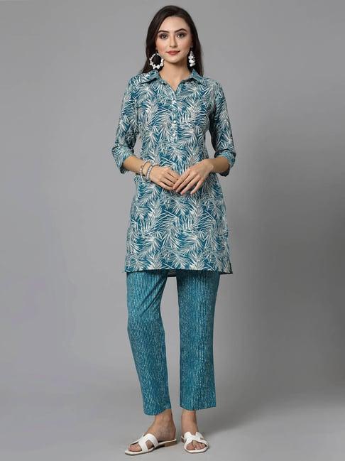 stylum turquoise floral print kurti pant set