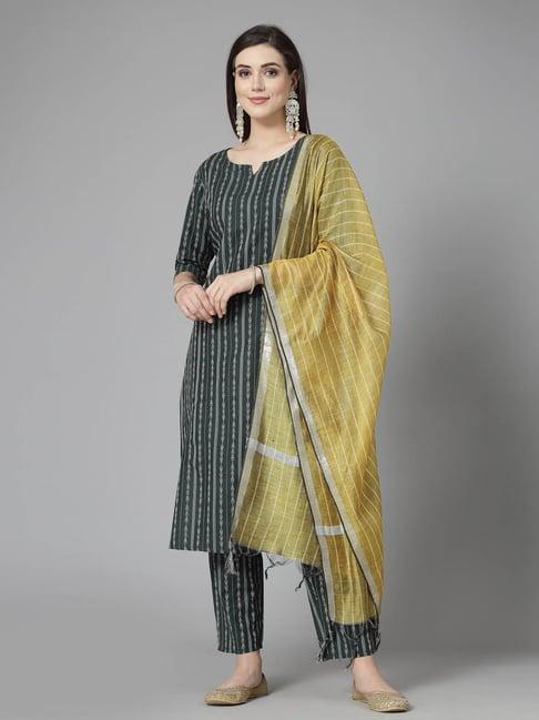 stylum dark green striped kurta with pant & dupatta