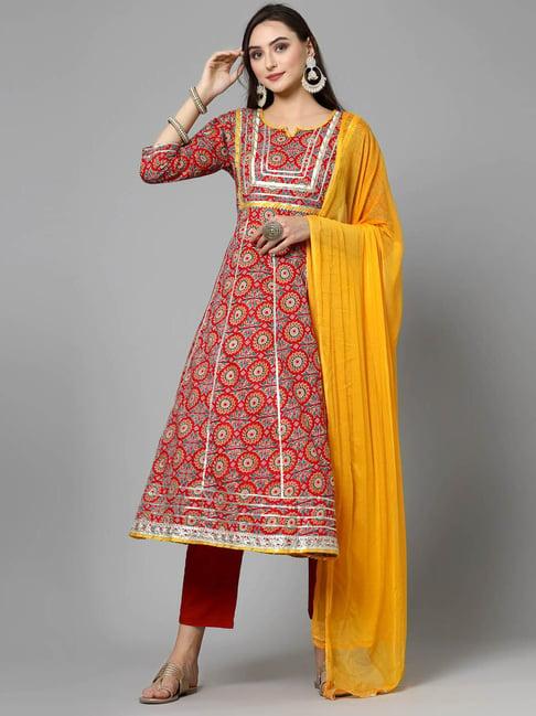 stylum red cotton floral print anarkali kurta with pant & dupatta