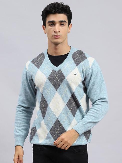 monte carlo sky blue regular fit self pattern sweater