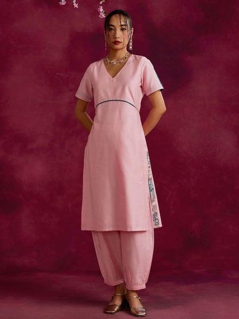 abhishti pink cotton woven pattern kurta salwar set