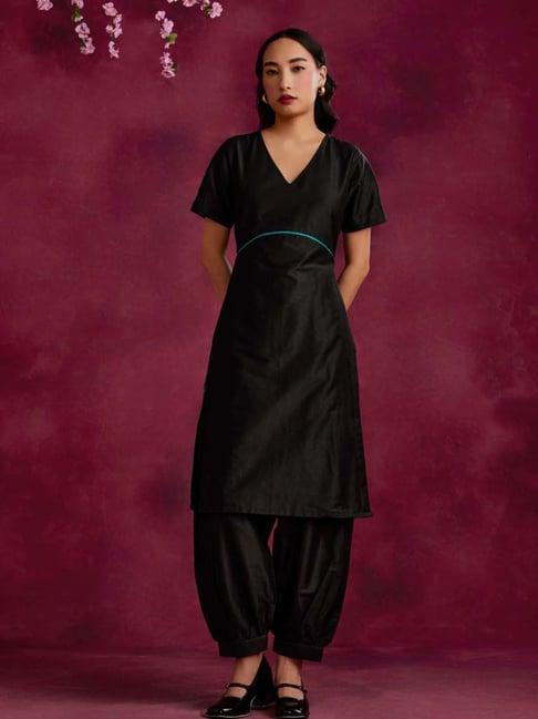 abhishti black cotton woven pattern kurta salwar set