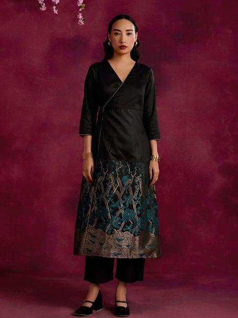 abhishti black cotton woven pattern kurta pant set