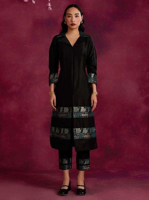 abhishti black cotton woven pattern kurta pant set