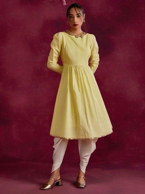 abhishti yellow cotton kurta dhoti pant set