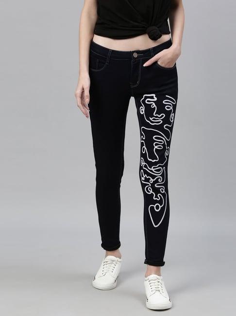 zheia black cotton printed high rise jeans