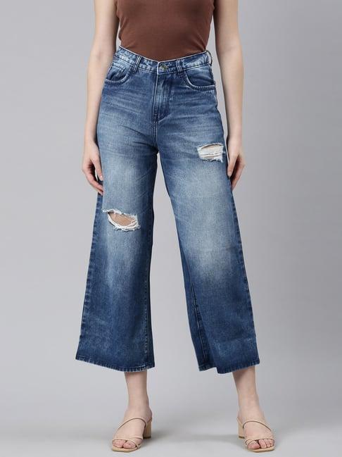 zheia blue cotton distressed jeans