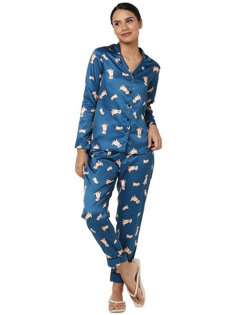 smarty pants teal blue satin animal print shirt with pyjamas