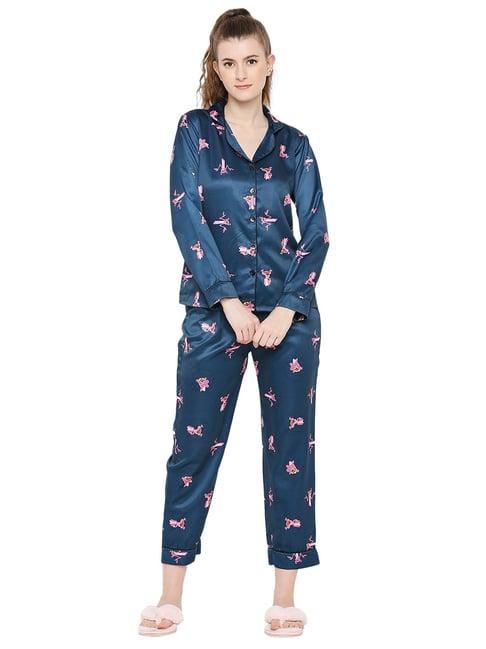 smarty pants teal blue satin print shirt with pyjamas