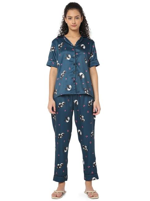 smarty pants teal blue satin print shirt with pyjamas