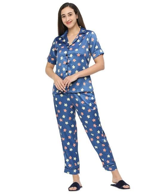 smarty pants teal blue satin floral shirt with pyjamas