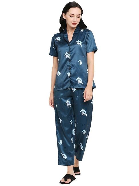 smarty pants teal blue satin animal print shirt with pyjamas