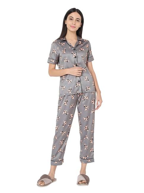 smarty pants dark grey satin animal print shirt with pyjamas