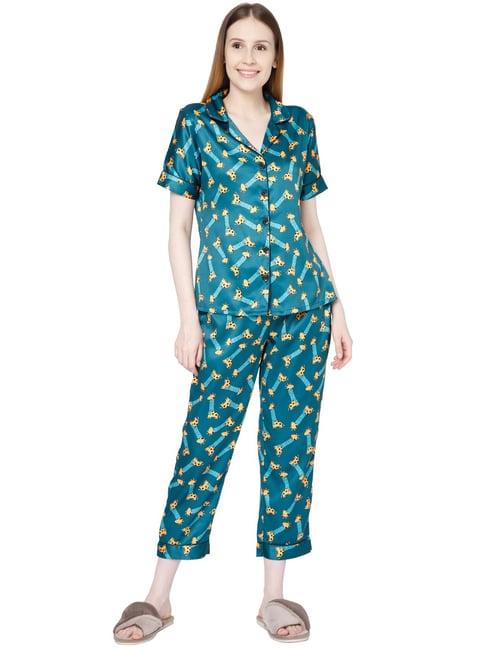 smarty pants dark green satin animal print shirt with pyjamas