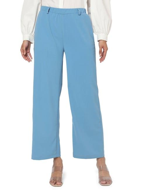 smarty pants blue cotton lycra flared fit mid rise trousers