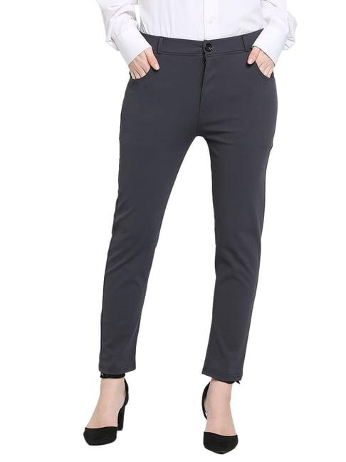 smarty pants dark grey cotton lycra slim fit high rise trousers