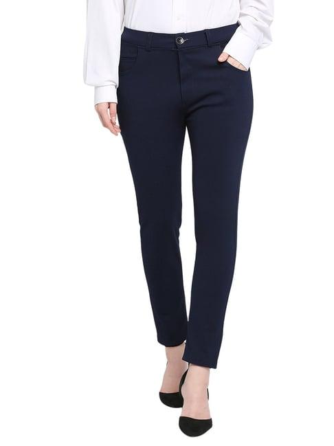 smarty pants blue cotton lycra slim fit high rise trousers