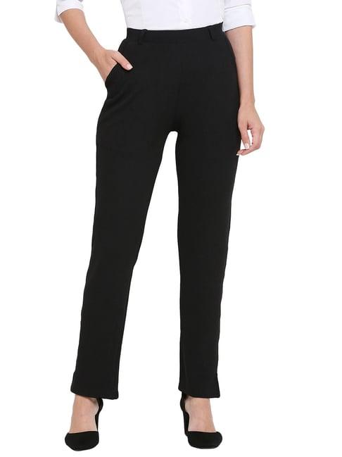 smarty pants black cotton lycra straight fit mid rise trousers