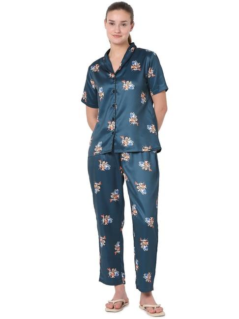 smarty pants teal blue satin print shirt with pyjamas