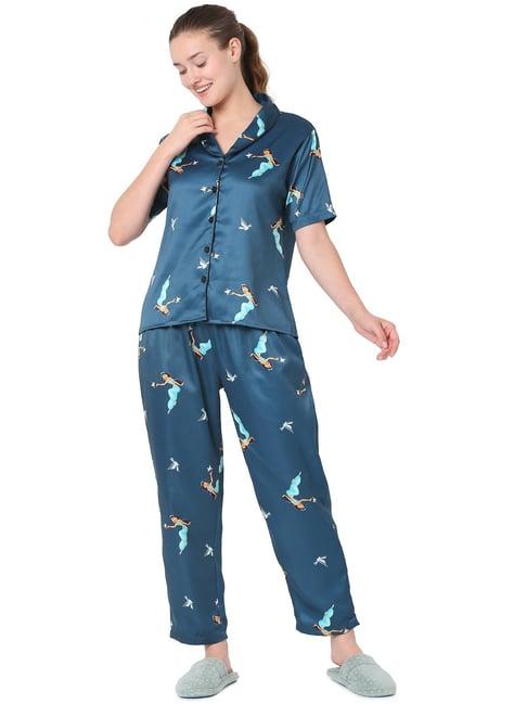 smarty pants teal blue satin print shirt with pyjamas