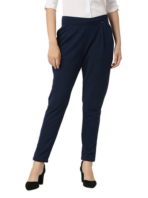 smarty pants blue cotton lycra regular fit high rise trousers