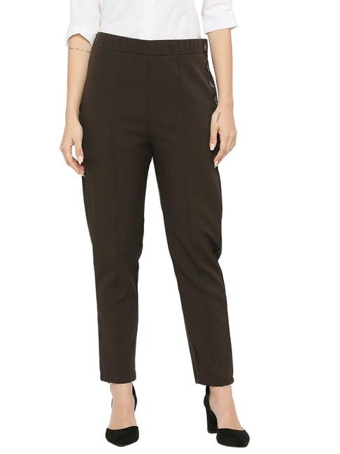 smarty pants dark brown cotton lycra straight fit high rise trousers