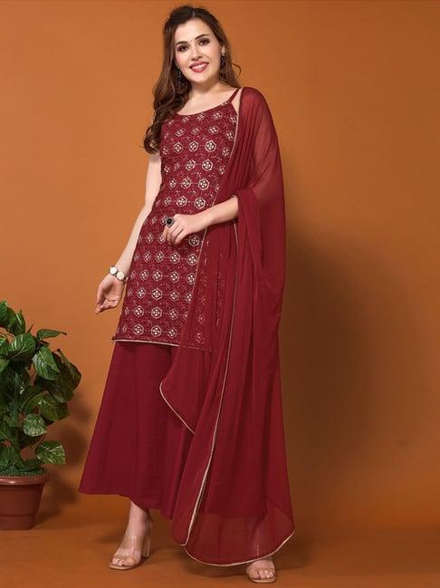 skylee maroon embroidered kurti palazzo set with dupatta